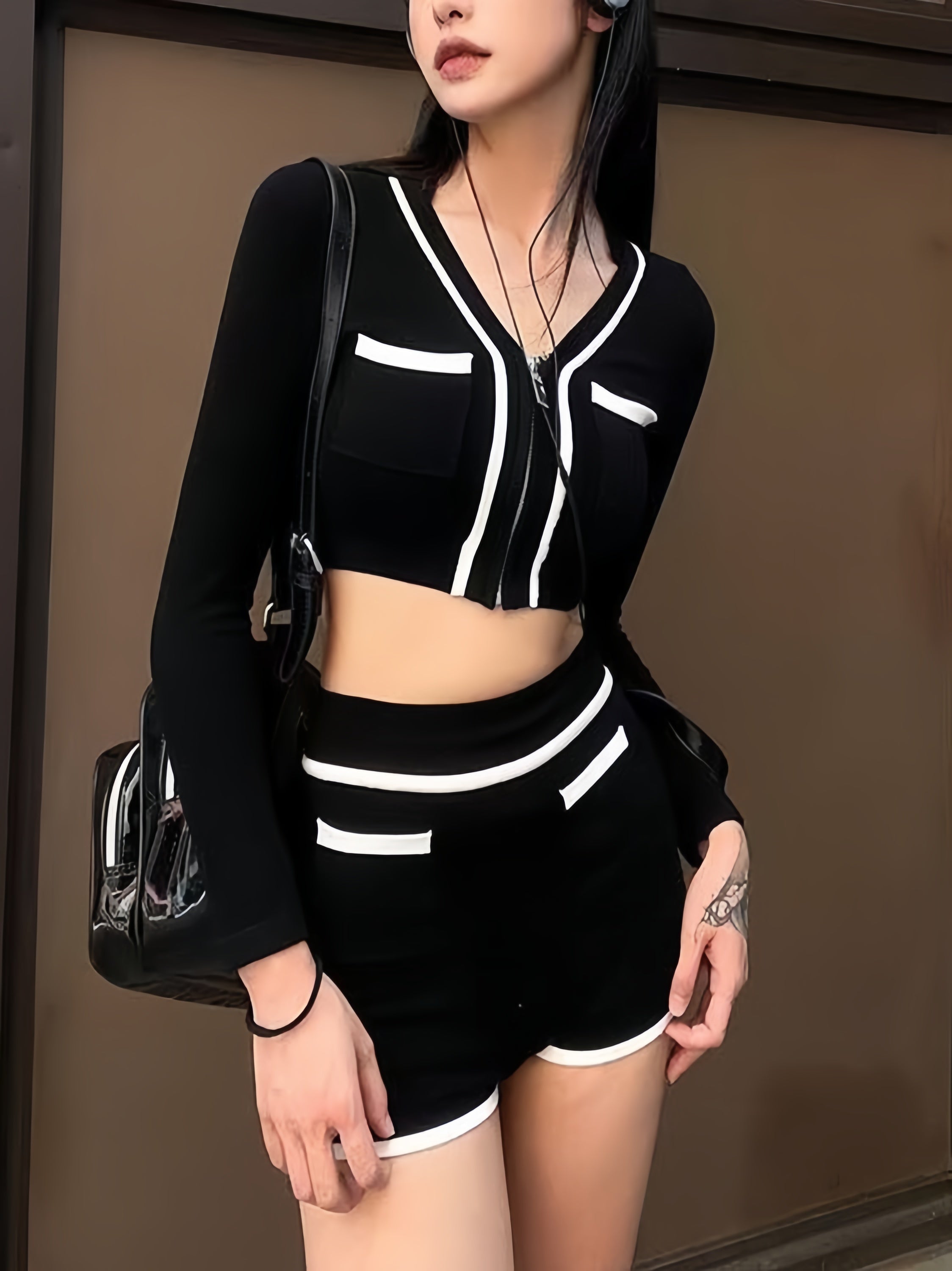 Sexy sports yoga wear short top sports long sleeve two piece suit
