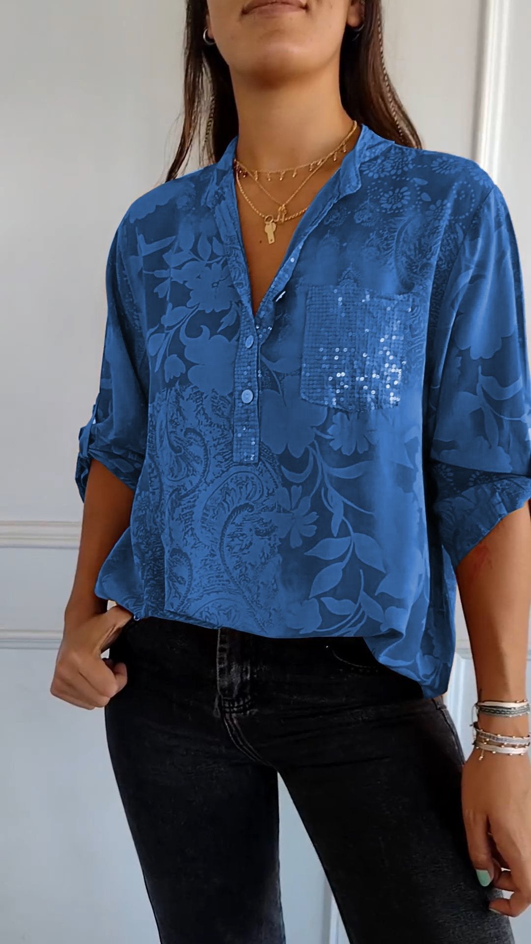Eaksone - V-neck Half-button Printed Top