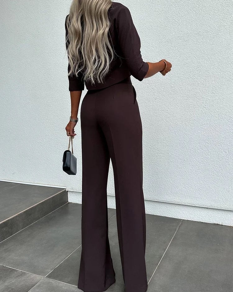 Eaksone - Fashionable solid color high waisted straight pants suit