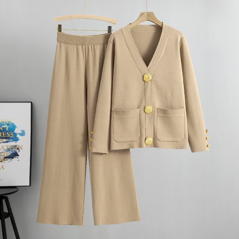 Eaksone - metal button wool sweater wide-leg pants suits