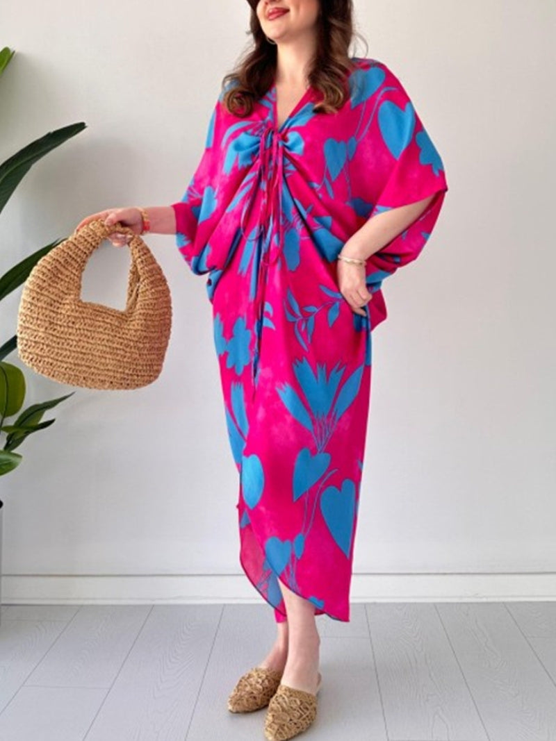 Eaksone - Fashion Printed Bat Sleeve V-Neck Dress