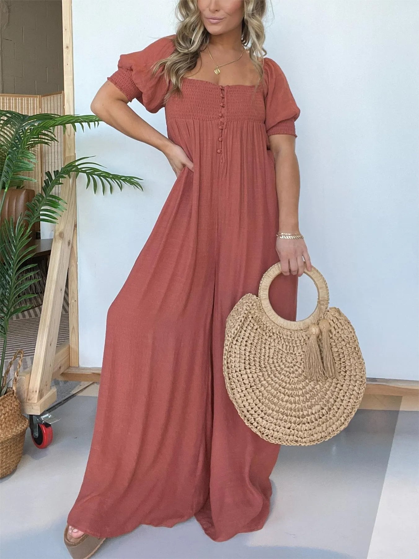 Eaksone - Square Neckline Jumpsuit With Smocked Bodice Button