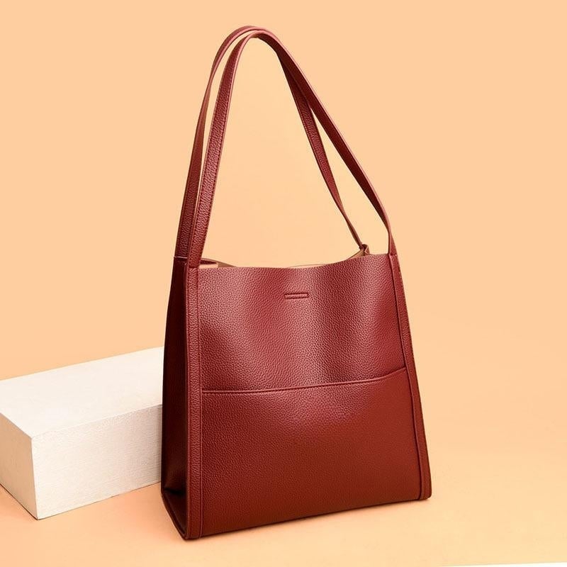 Eaksone - Solid color simple genuine leather shoulder bag