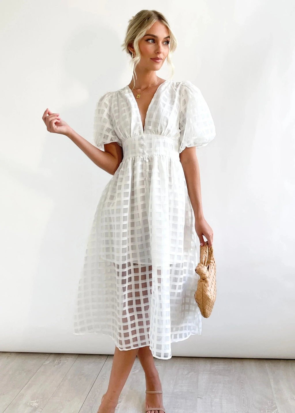 Eaksone - Beautiful square pattern fabric puff sleeve midi