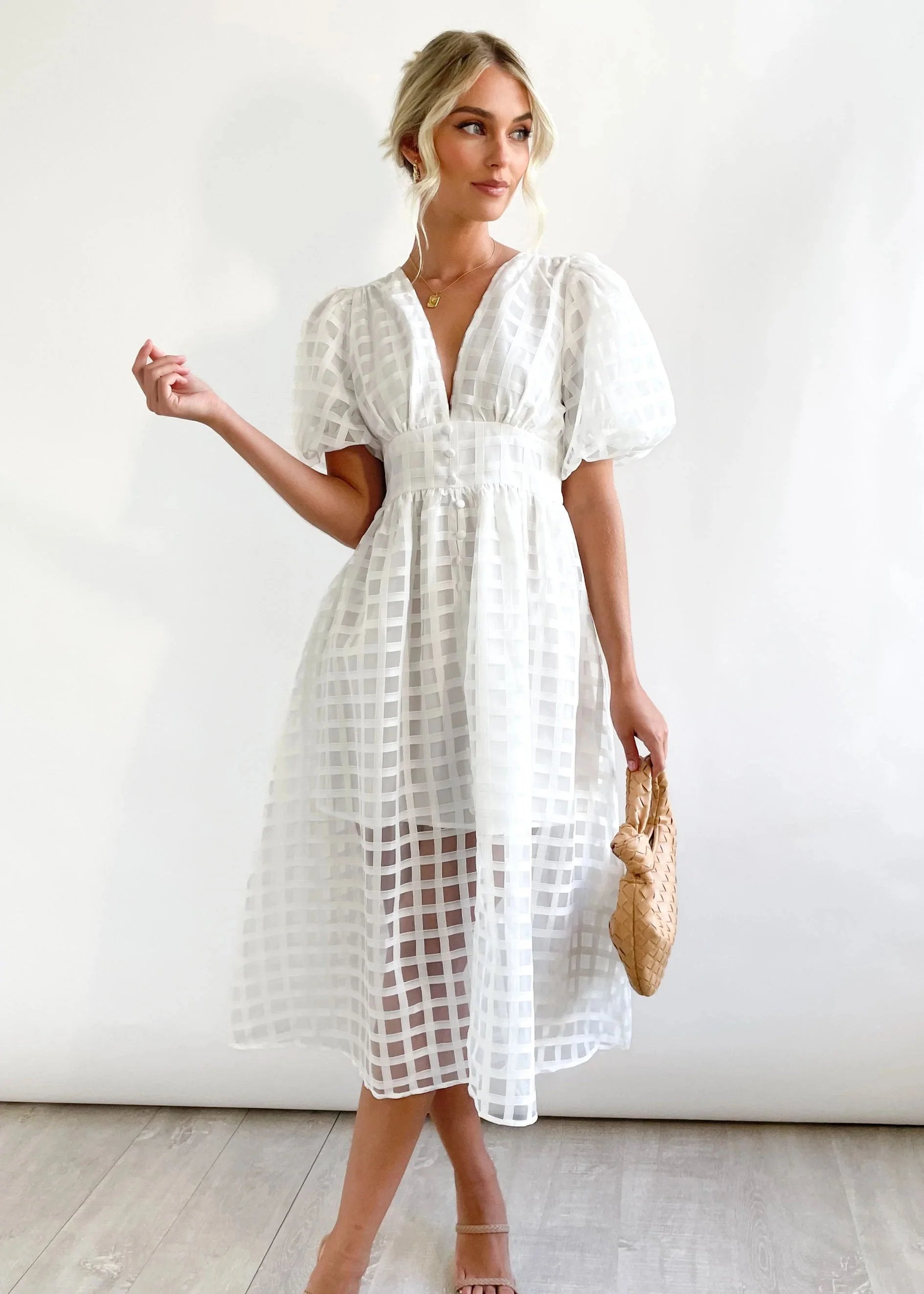 Eaksone - Beautiful square pattern fabric puff sleeve midi