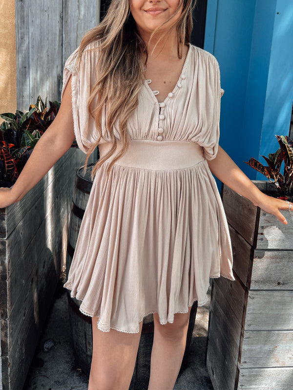 Eaksone - Folds Button Elegant Casual Mini Dress
