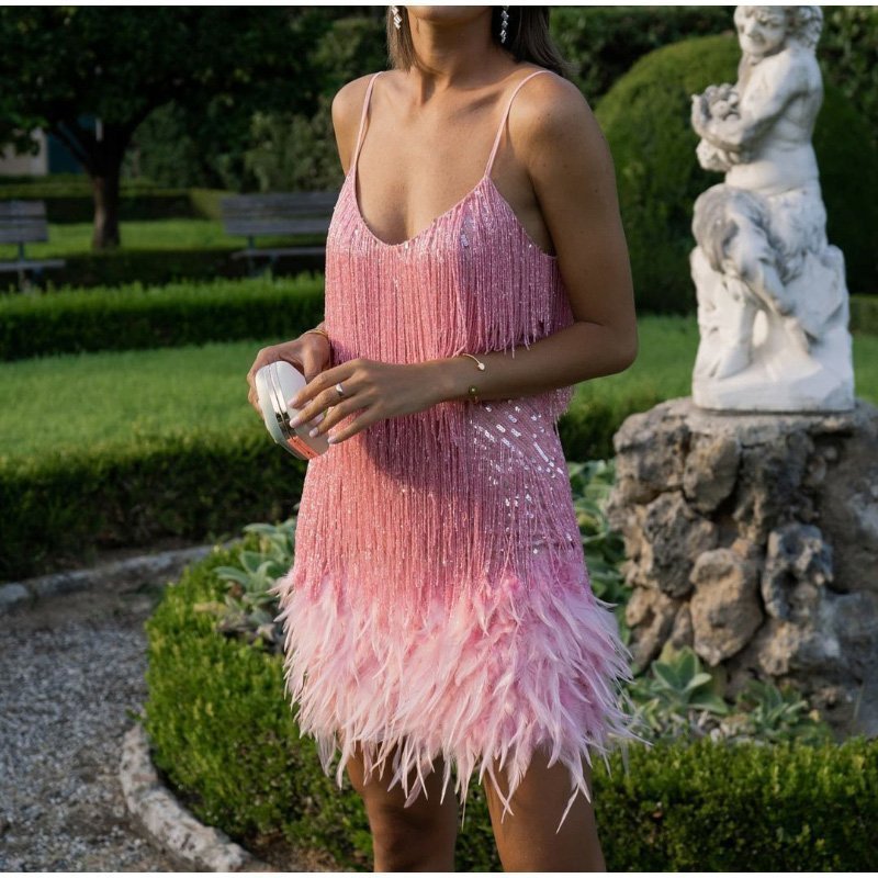 Eaksone - Women's Feather Fringe Sequin Spaghetti Strap Dress