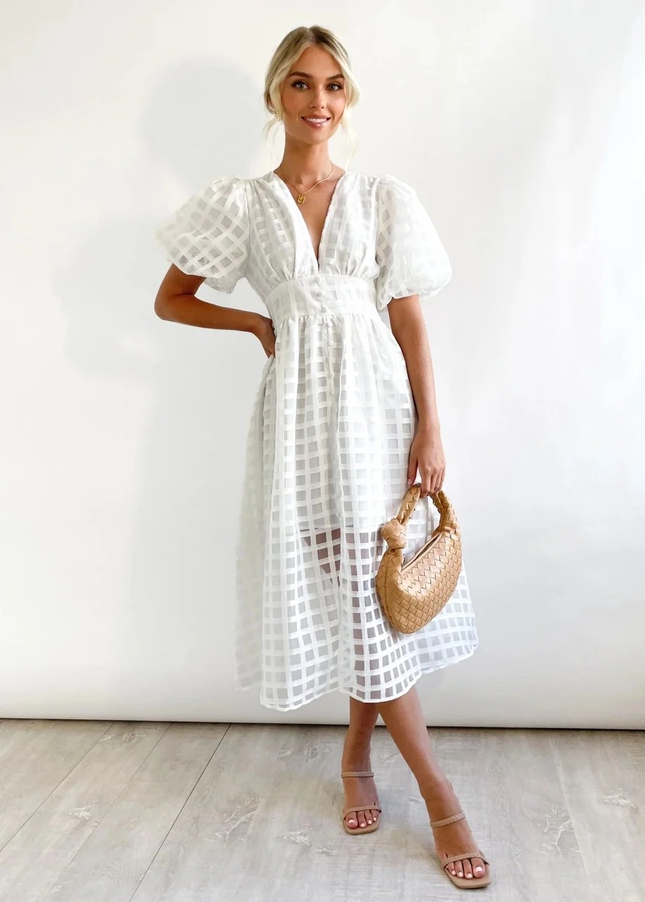 Eaksone - Beautiful square pattern fabric puff sleeve midi