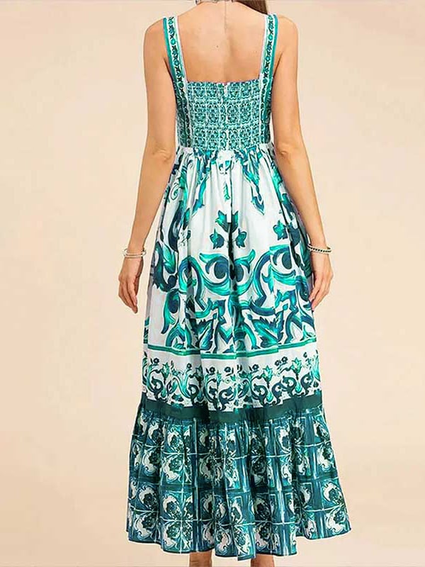 Eaksone - Stunning Floral Print Suspender Patchwork Maxi Dress
