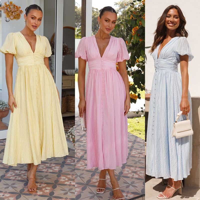 Eaksone - Rustic V Neck Button Zip Pleated Slit Puff Sleeve Maxi Dress
