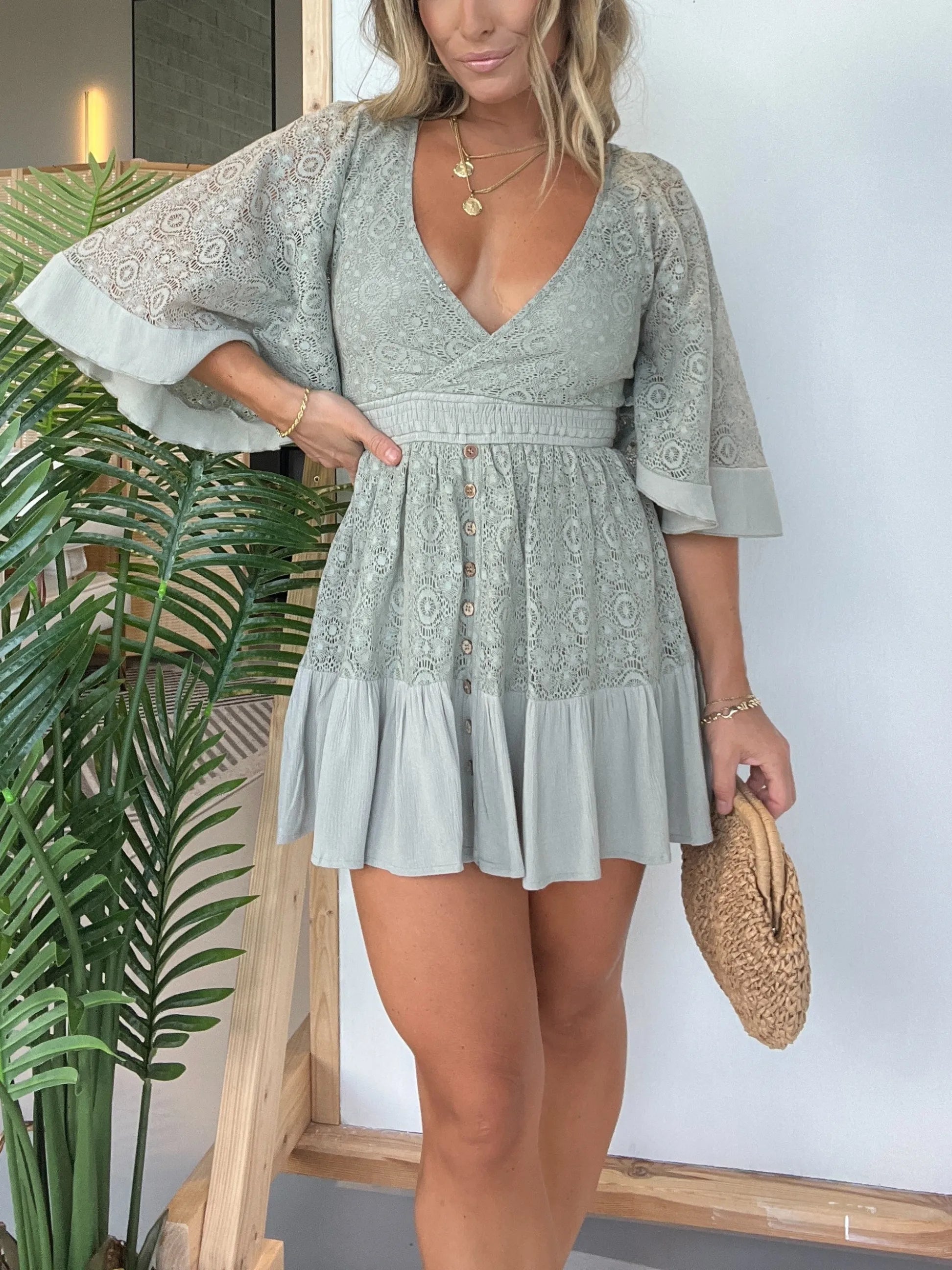 Eaksone - Women's Lace Crochet Dress Built-in Shorts