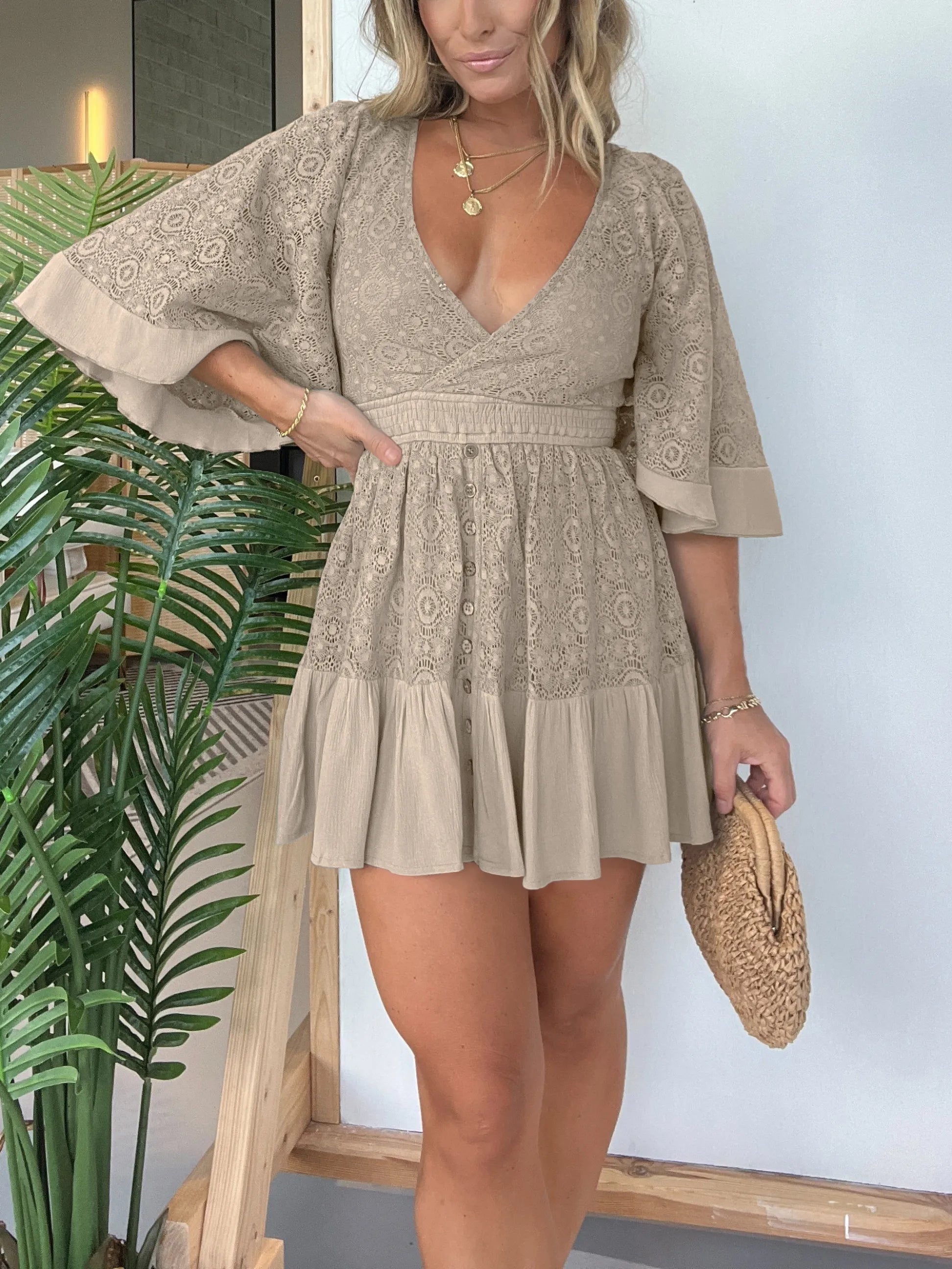Eaksone - Women's Lace Crochet Dress Built-in Shorts