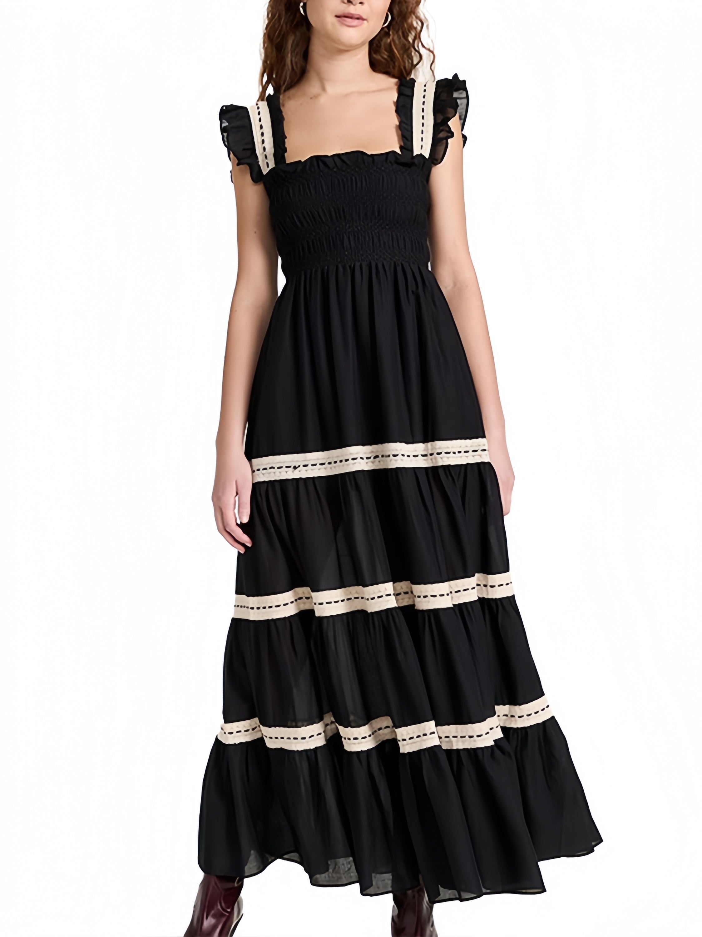 Women's Ruffle Maxi Dress Short Sleeves Square Neck 100% Cotton Women's Maxi Dress