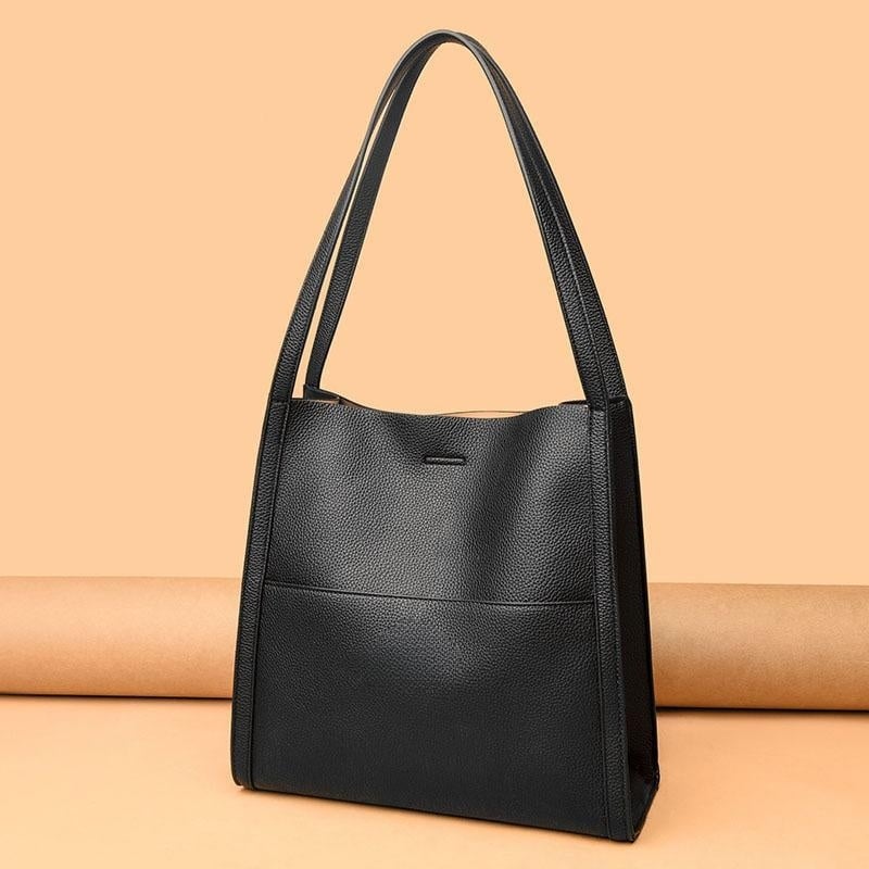 Eaksone - Solid color simple genuine leather shoulder bag