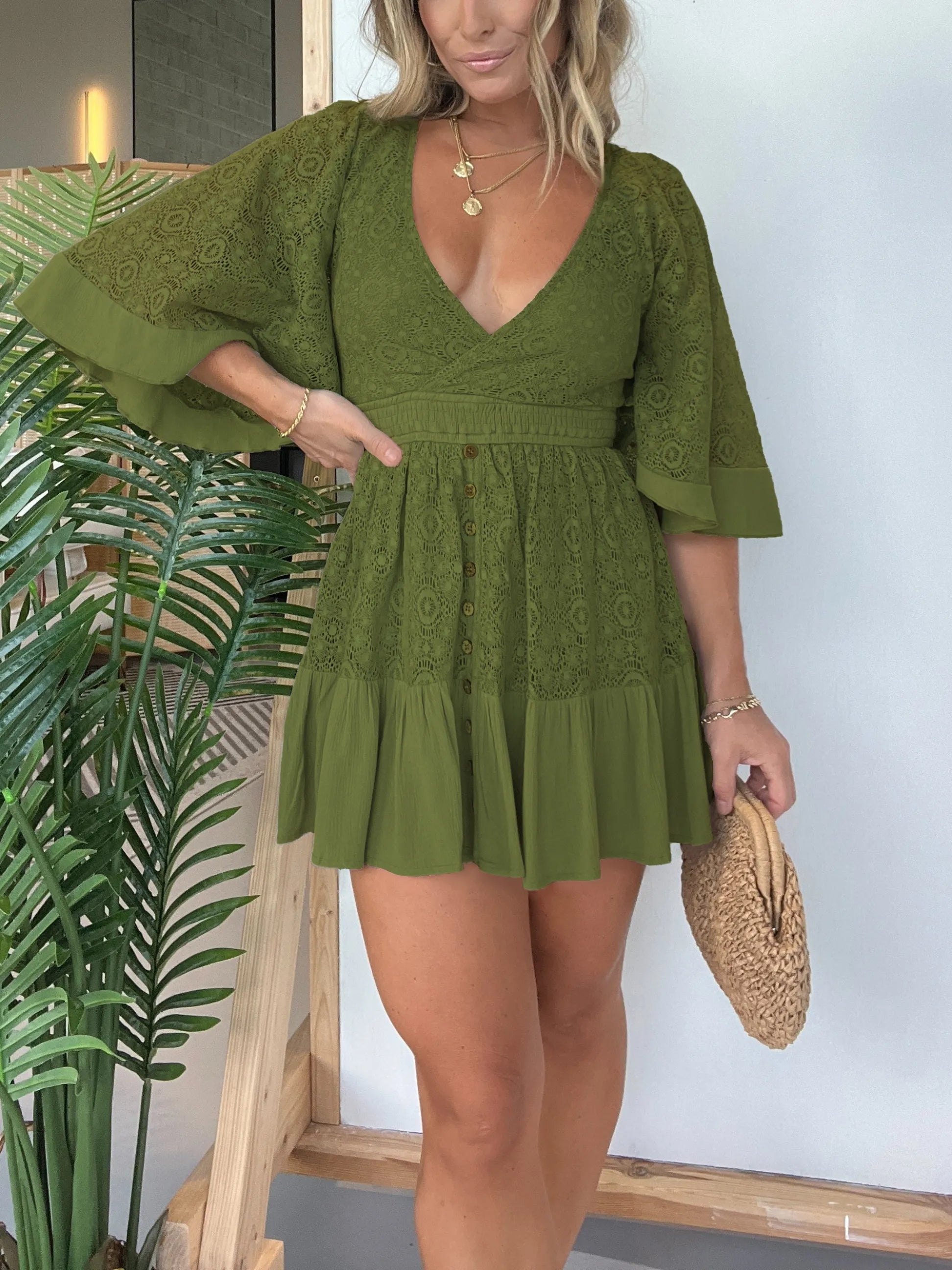 Eaksone - Women's Lace Crochet Dress Built-in Shorts