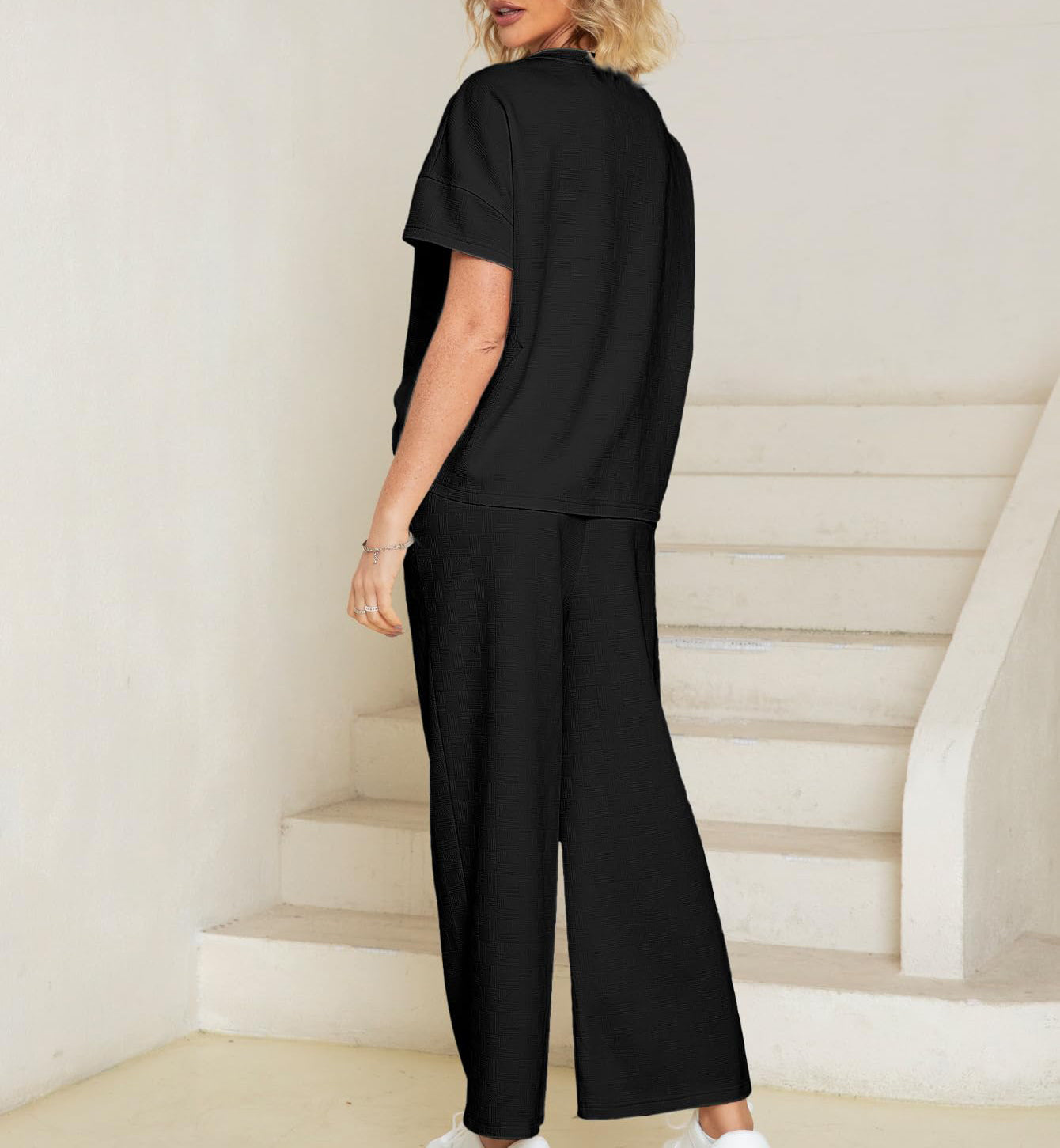 Eaksone - Casual short-sleeved loose top and wide-leg pants suit