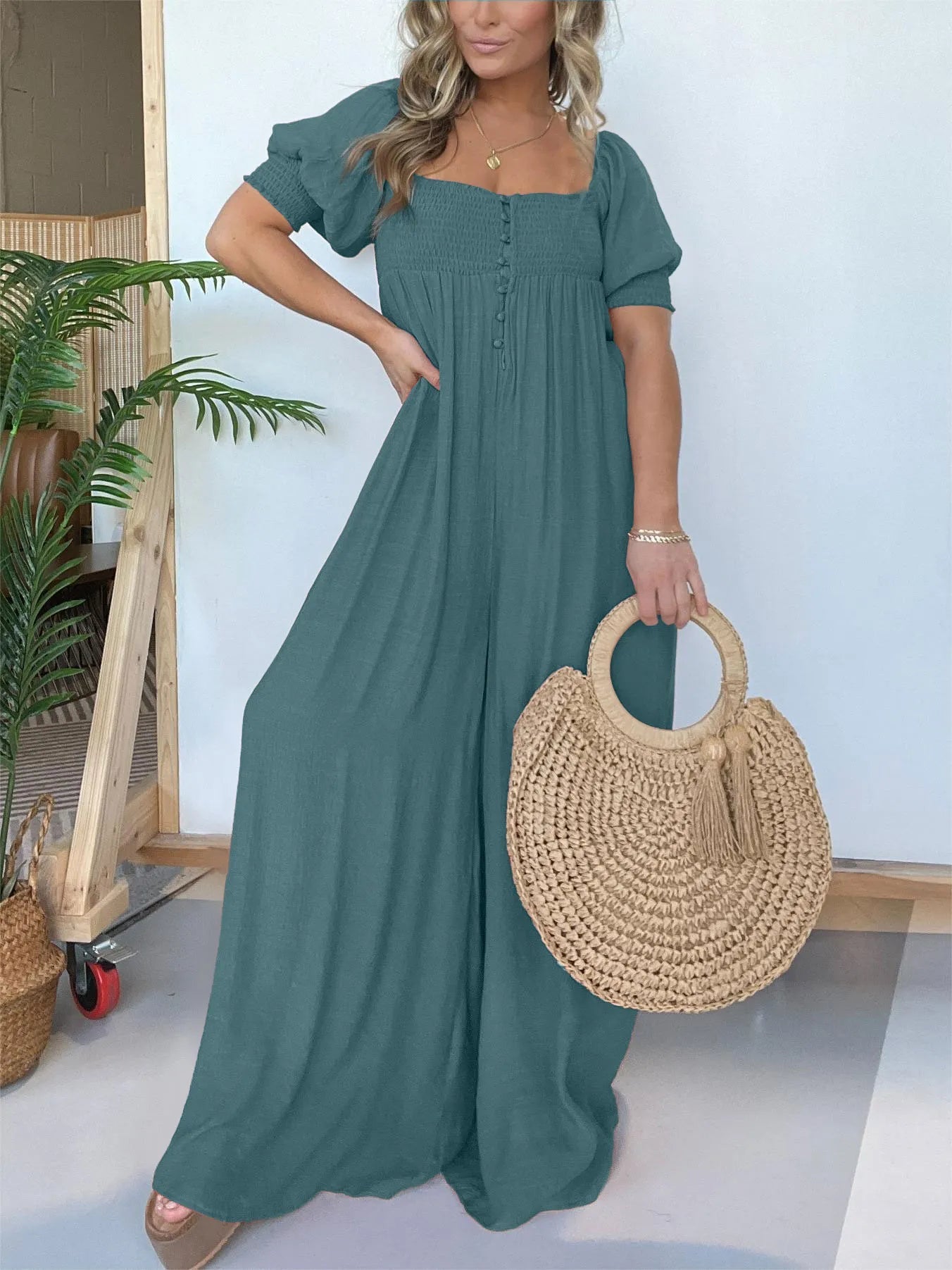 Eaksone - Square Neckline Jumpsuit With Smocked Bodice Button
