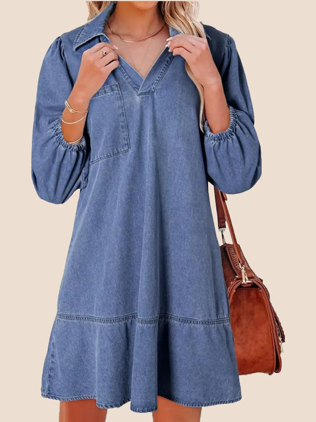 Eaksone - Women's V-Neck Puff Sleeve Denim Layered Dress