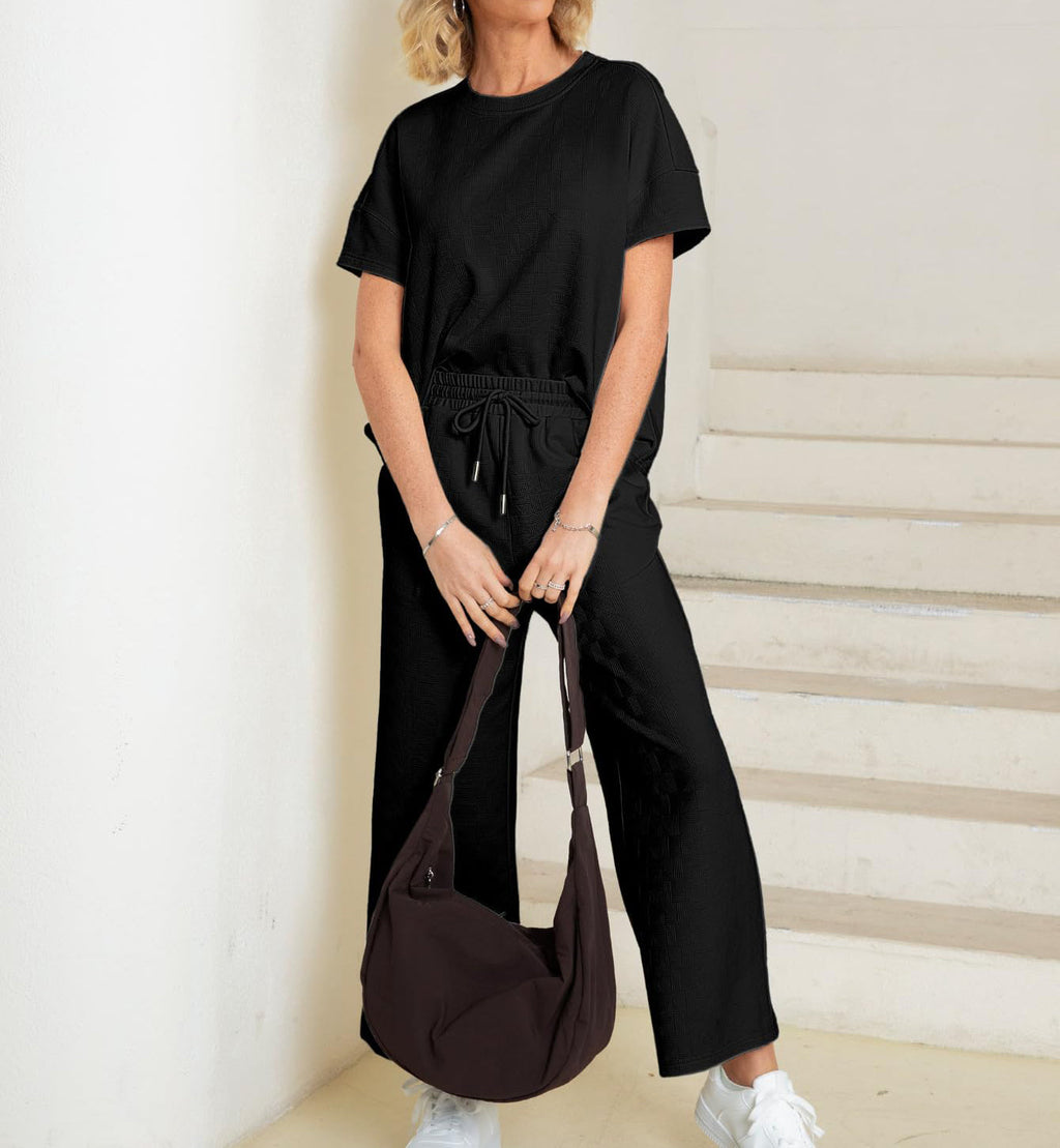 Eaksone - Casual short-sleeved loose top and wide-leg pants suit