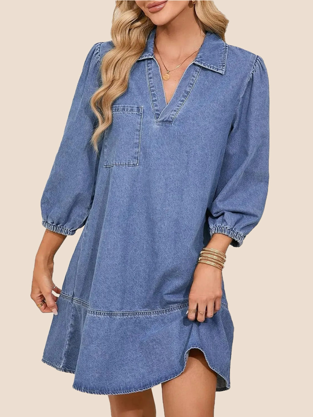Eaksone - Women's V-Neck Puff Sleeve Denim Layered Dress