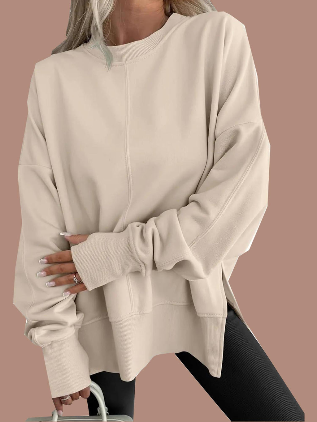 Eaksone - Women's Oversized Thumbhole Long Sleeve Side Slit Sweatshirt