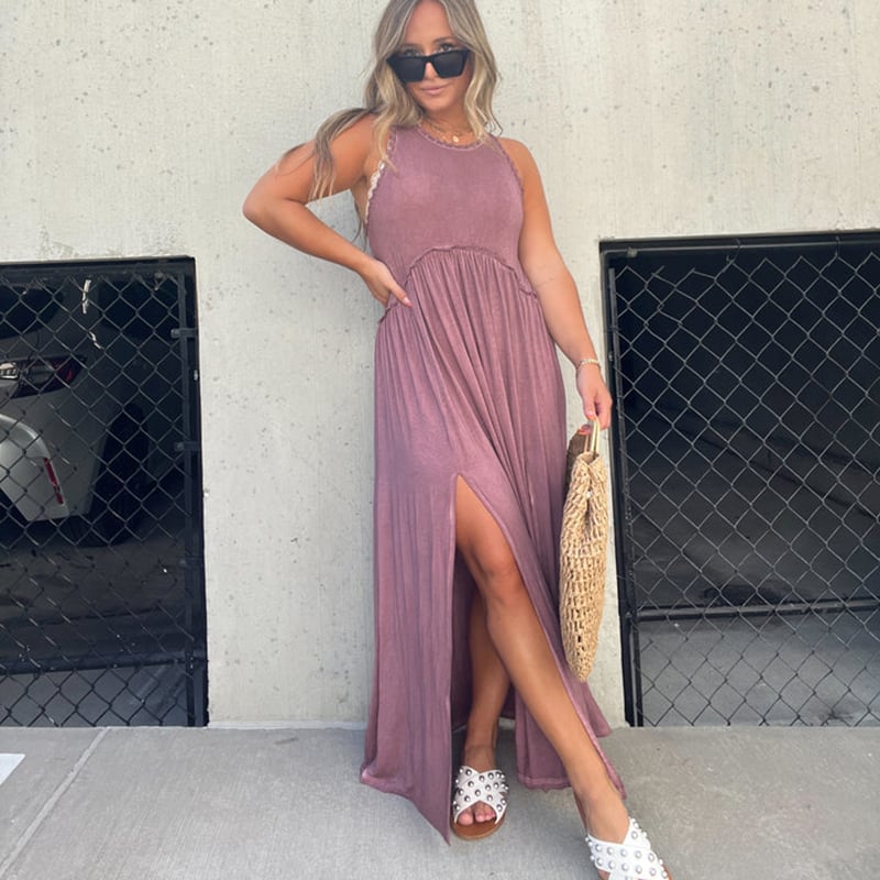Eaksone - Slit Casual Simple Loose Maxi Long Dress