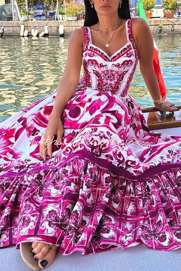 Eaksone - Stunning Floral Print Suspender Patchwork Maxi Dress