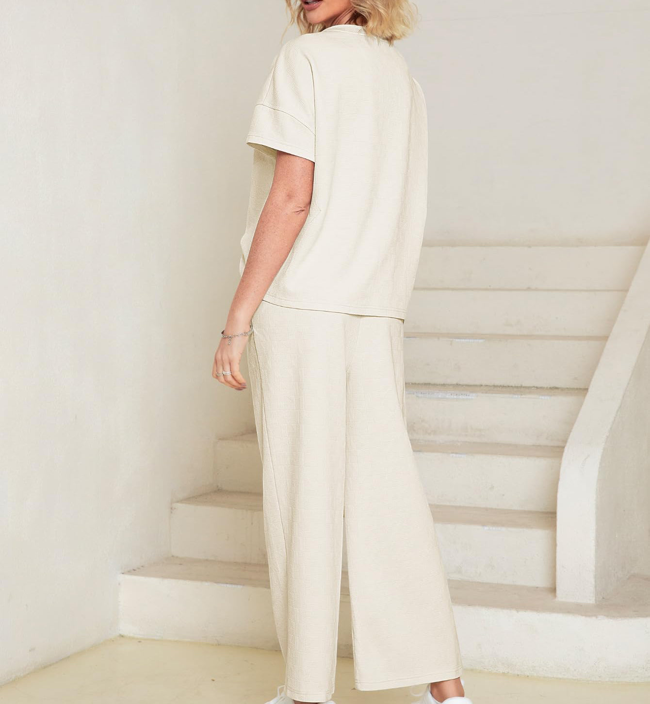 Eaksone - Casual short-sleeved loose top and wide-leg pants suit