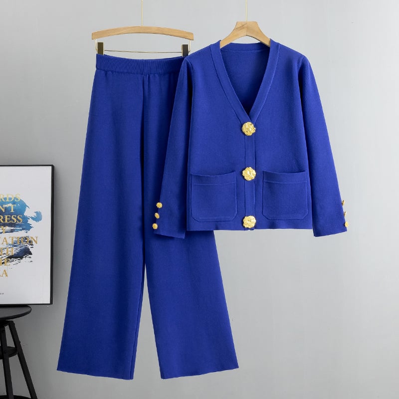 Eaksone - metal button wool sweater wide-leg pants suits