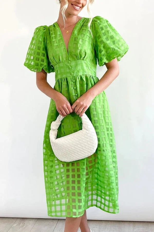 Eaksone - Beautiful square pattern fabric puff sleeve midi