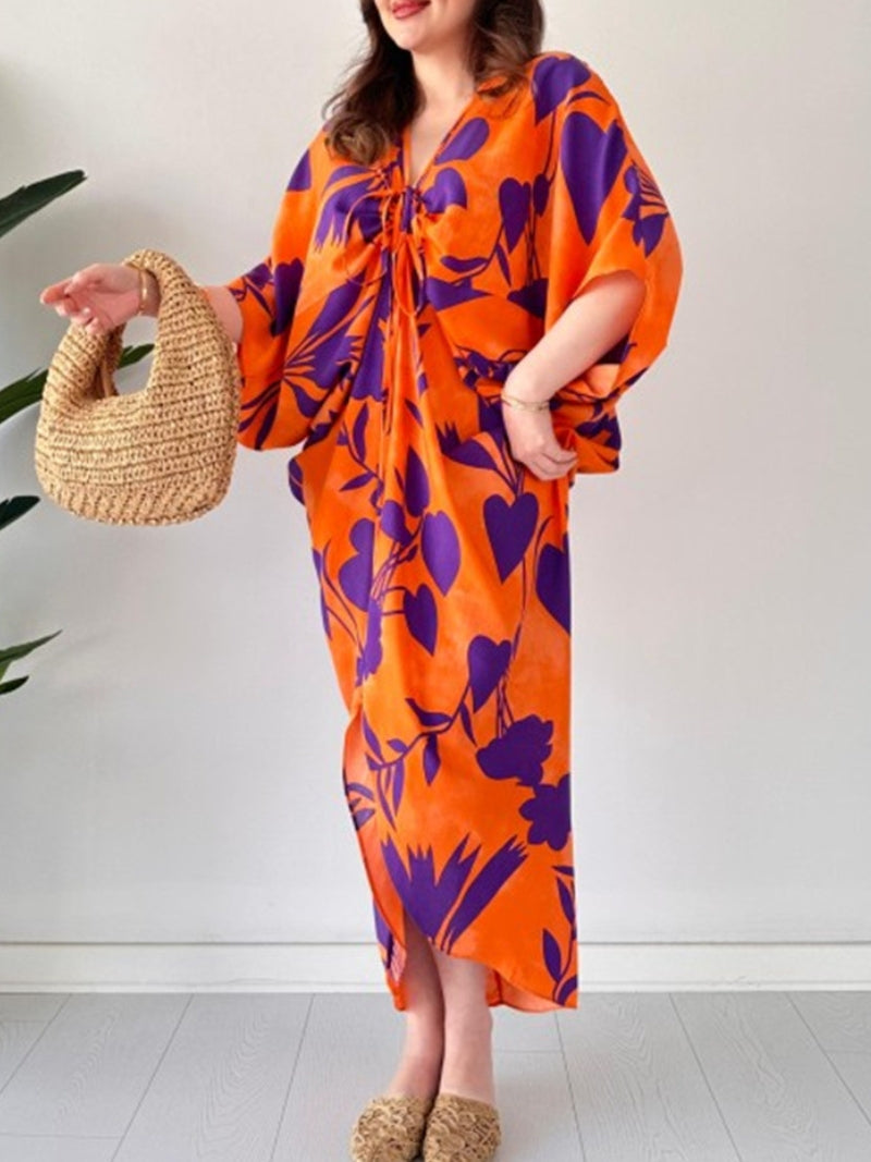 Eaksone - Fashion Printed Bat Sleeve V-Neck Dress