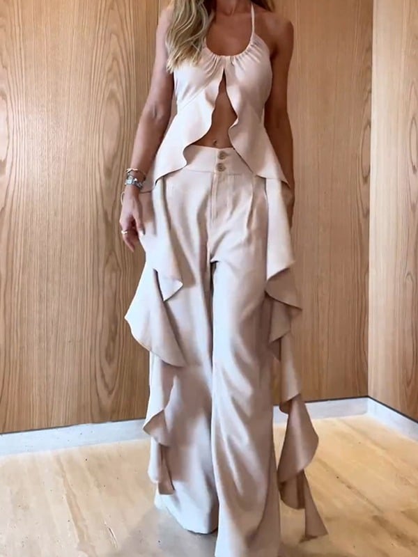 Eaksone - Ruffle Slit Halter Tank and Pocketed Wide Leg Pants Set