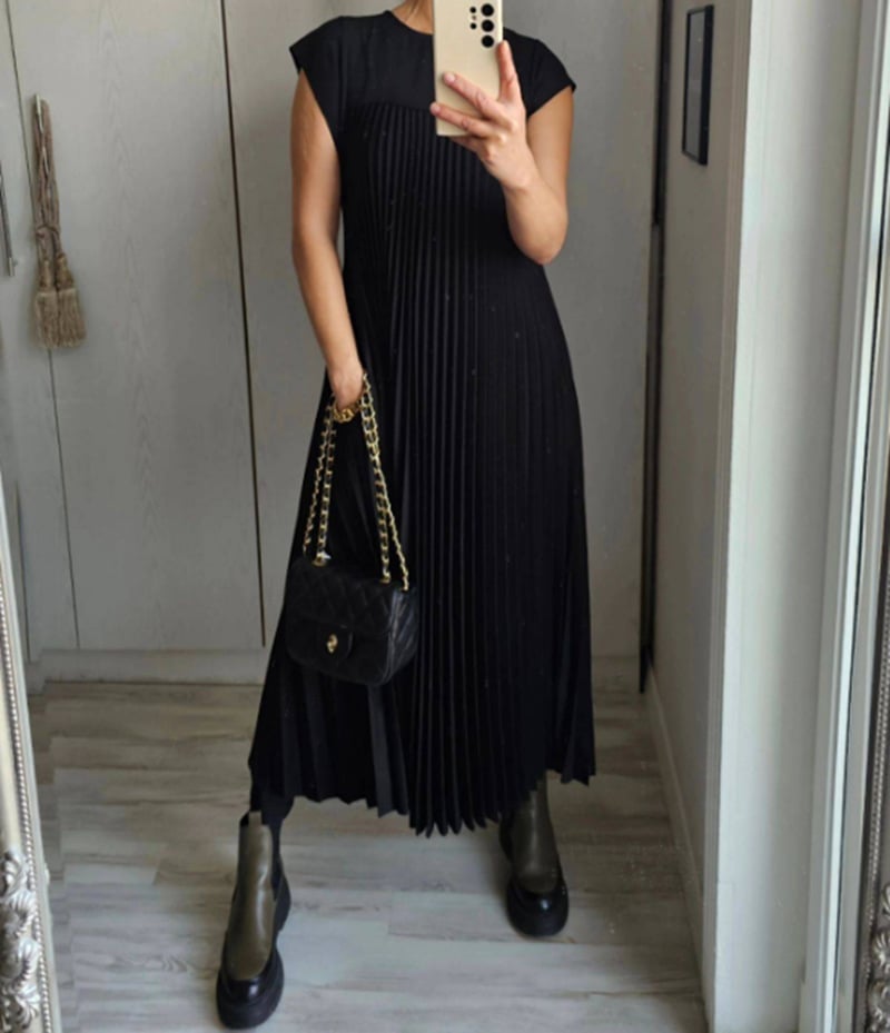 Eaksone - Women Pleated Simple Solid Color Dress