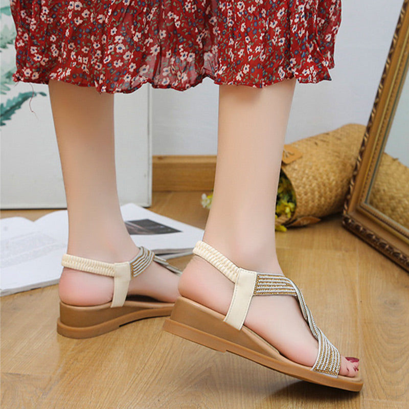 Eaksone - Anti-skid Soft Sole Rhinestone Wedge Heel Sandals