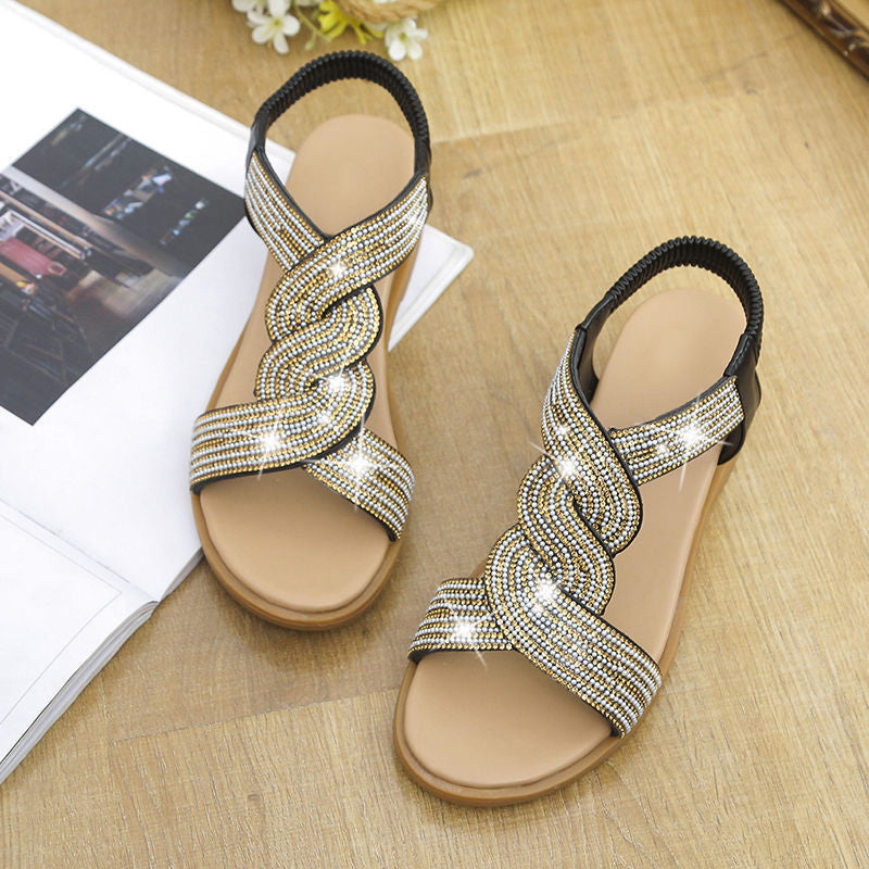 Eaksone - Anti-skid Soft Sole Rhinestone Wedge Heel Sandals