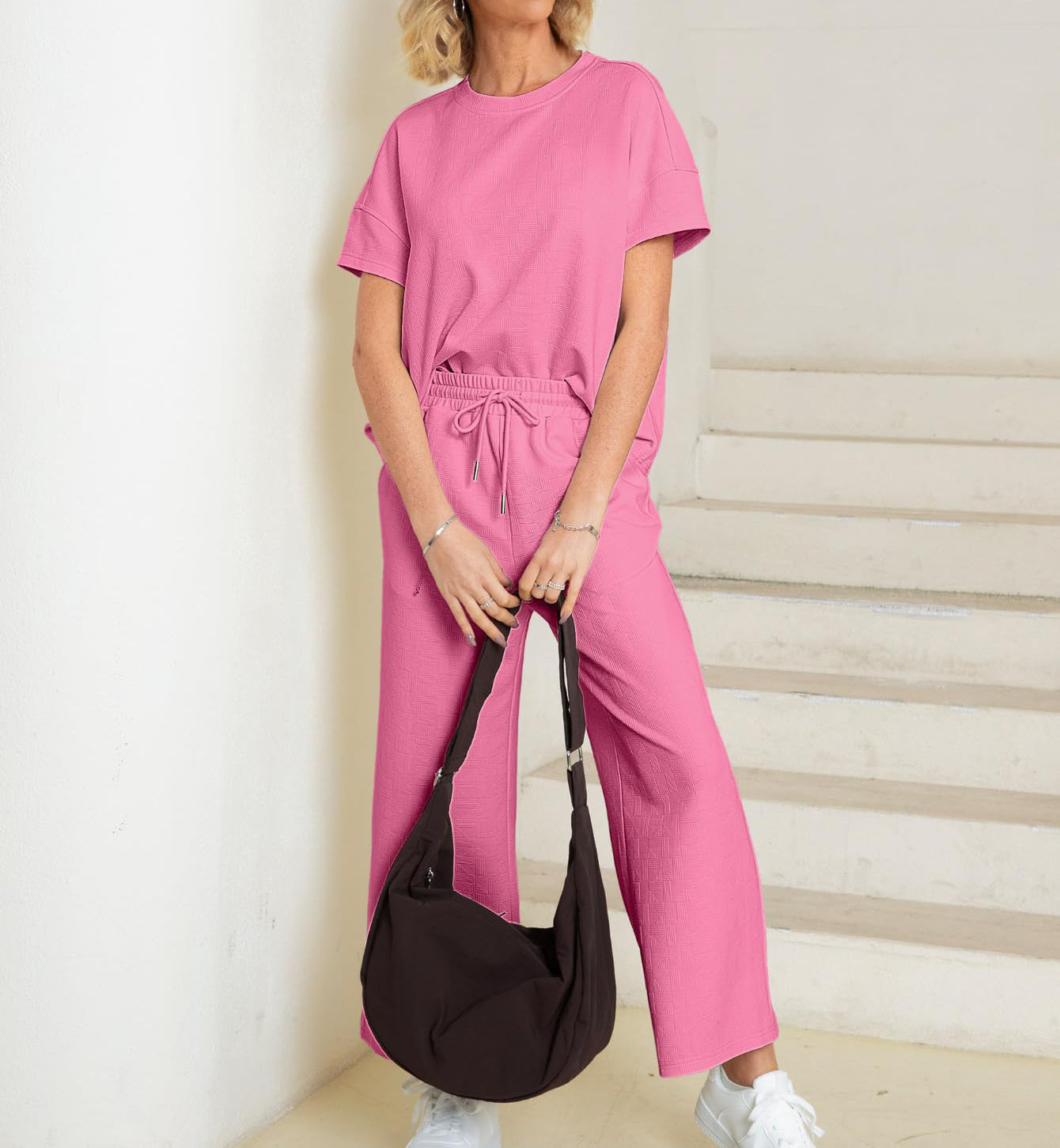 Eaksone - Casual short-sleeved loose top and wide-leg pants suit