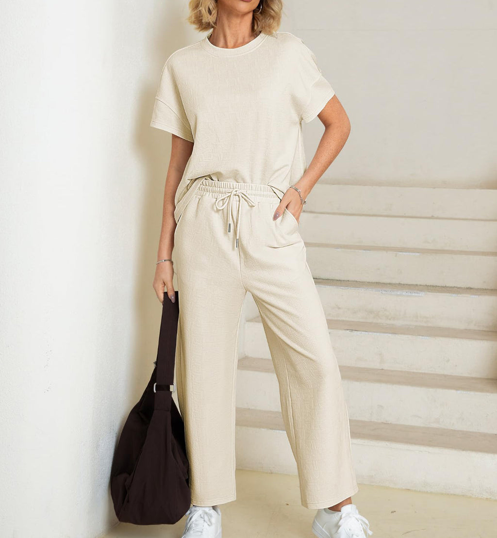 Eaksone - Casual short-sleeved loose top and wide-leg pants suit