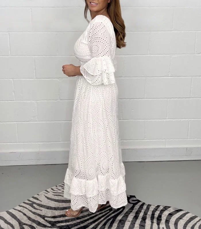 Eaksone - Embroidery Frill Sleeve Midi Dress