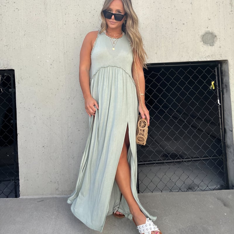 Eaksone - Slit Casual Simple Loose Maxi Long Dress