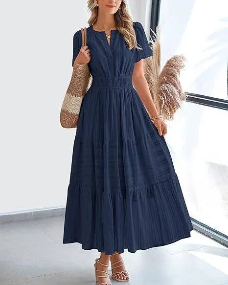 Eaksone - v-neck pleated puff sleeve dress black