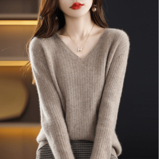 Eaksone - V-Neck Pullover Long Sleeve Solid Color Cashmere Sweater