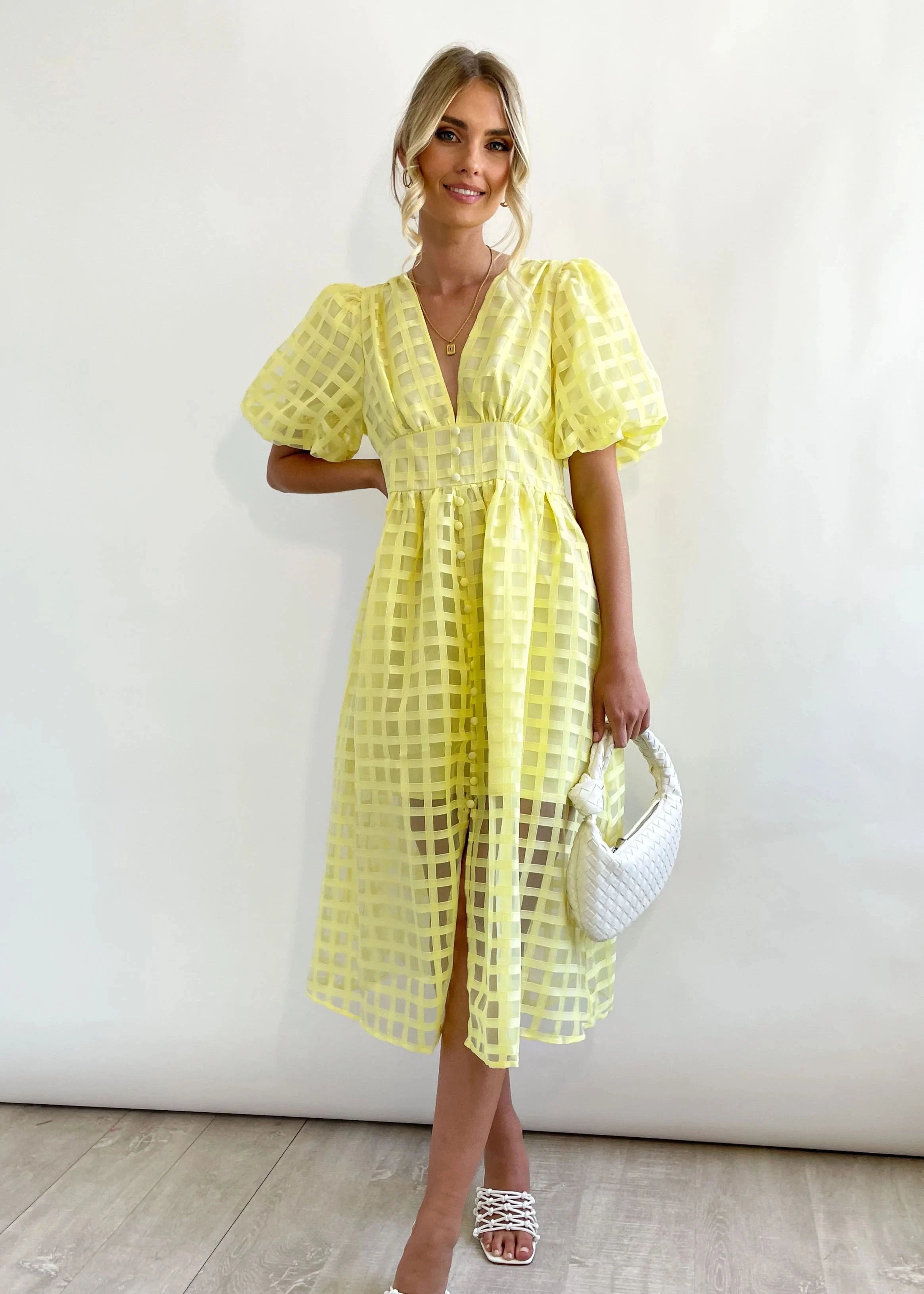 Eaksone - Beautiful square pattern fabric puff sleeve midi