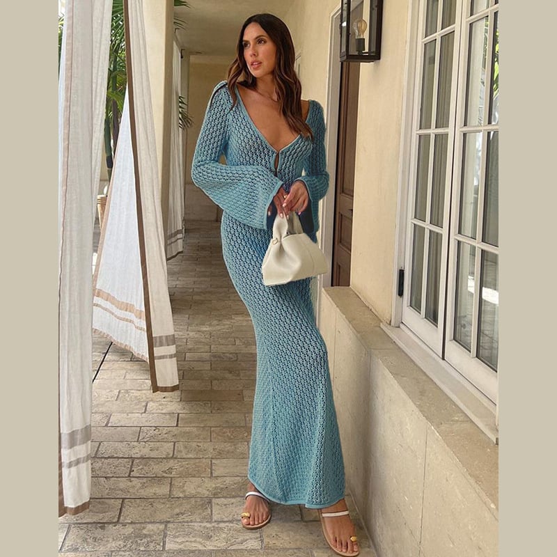 Eaksone - Crochet Fishtail Flare Sleeve Maxi Dress