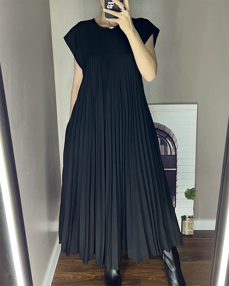 Eaksone - Women Pleated Simple Solid Color Dress