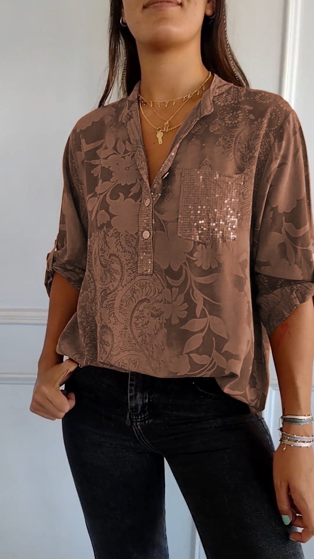 Eaksone - V-neck Half-button Printed Top
