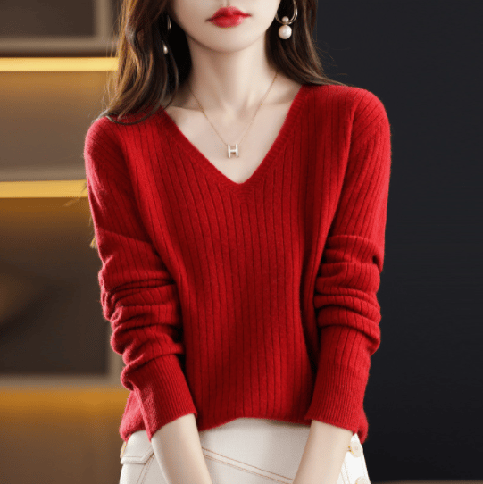 Eaksone - V-Neck Pullover Long Sleeve Solid Color Cashmere Sweater