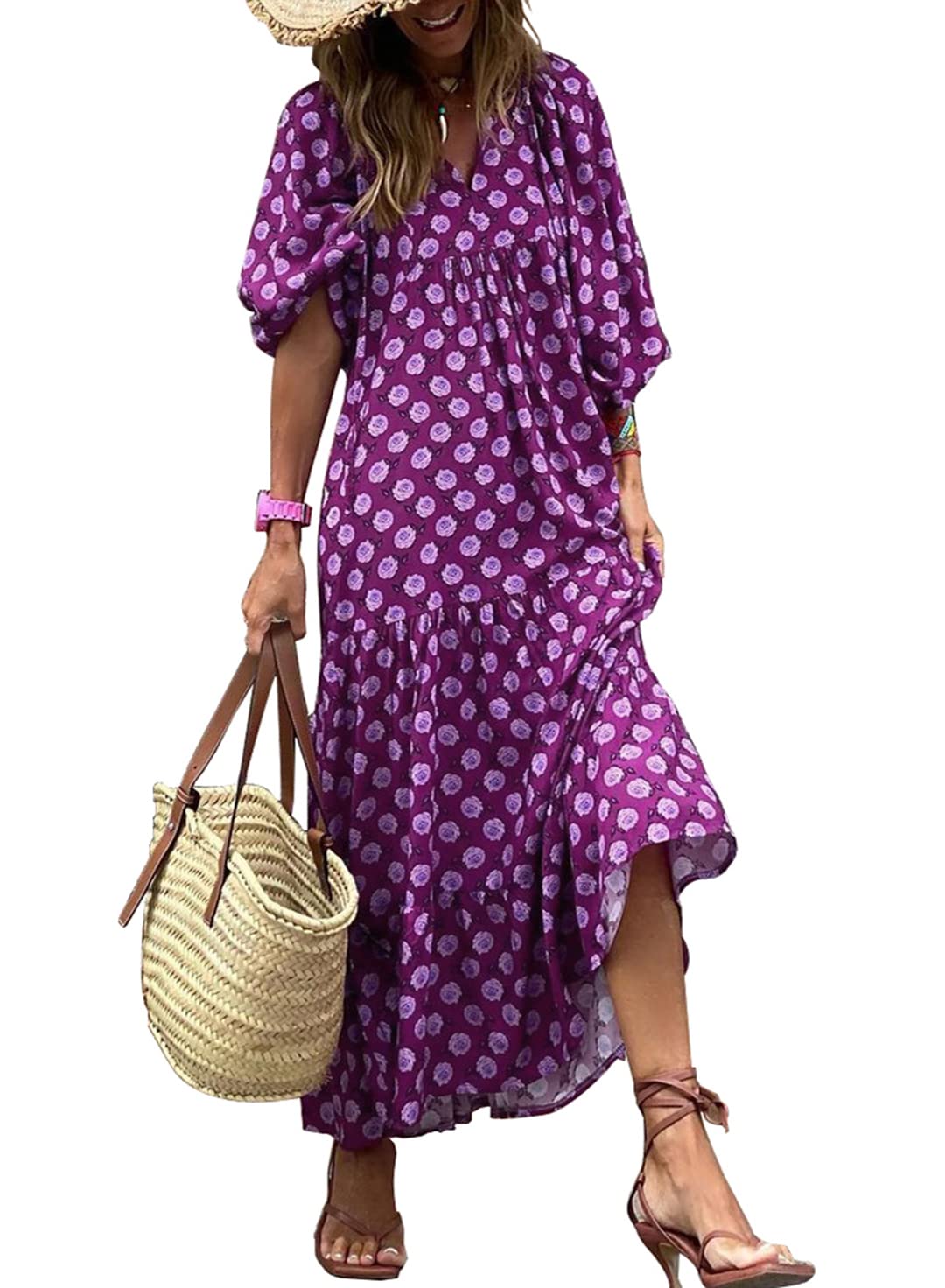 Eaksone - Women's Puff Sleeve Floral Boho Maxi Dress