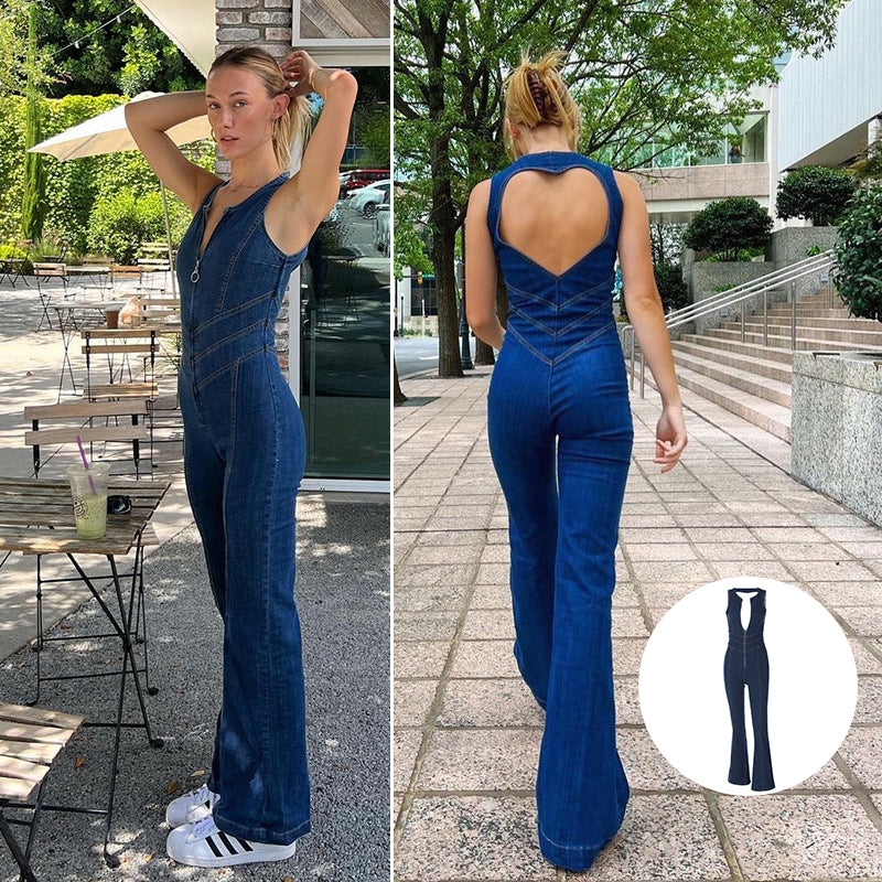 Eaksone - Heart Shaped Backless Denim Jumpsuit