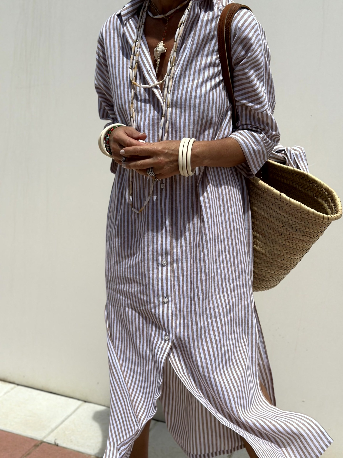 Eaksone - Classic Striped Lace-Up Shirt Dress