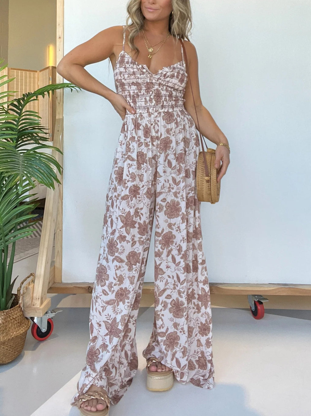 Eaksone - Floral Suspender Wide-leg Jumpsuit